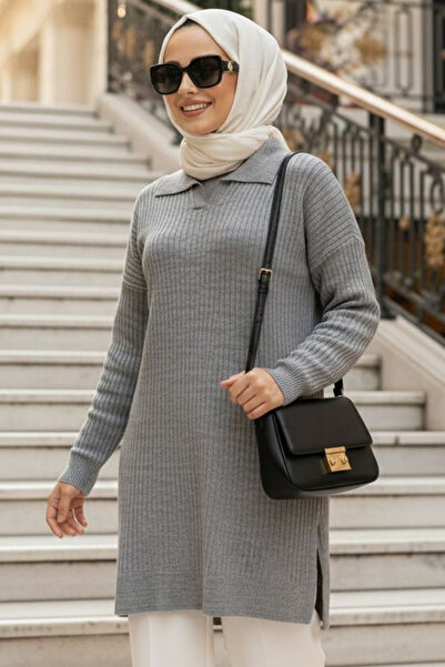 N.S NEVA STYLE Fitilli Gri Tesettür Трико туника 65903GR