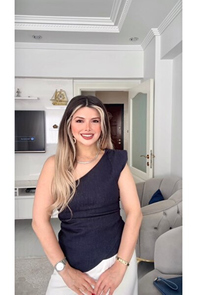 DENİZ Keten Karışım Denim Tek Omuz Asimetrik Vatkalı Top