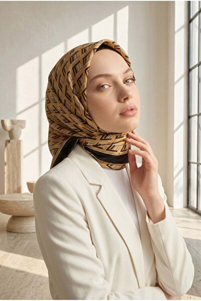 Vissona %100 Twill İpek Geometrik Desenli Gold- Siyah Renkli 90x90 Eşarp Diki...