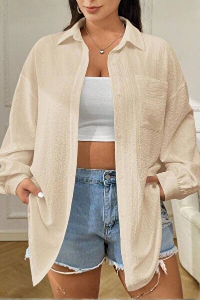 Flubutik Kadın Bej Tek Cepli Bürümcük Oversize Gömlek