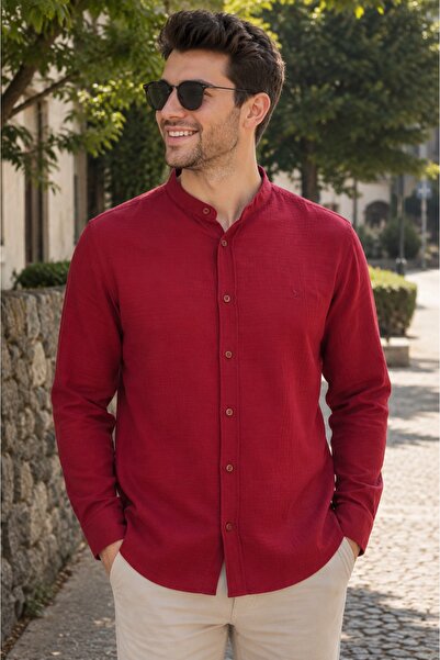 EMPEROR APPAREL Erkek Bordo Uzun Kollu Armürlü Hakim Yaka Müslin Gömlek