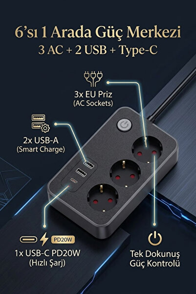 The Wlue 3'lü Akım Korumalı Priz 2500W | 2x USB-A + Type-C PD 20W | 2 Metre Uzatma Kablosu