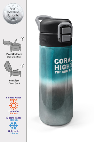 Coral High Kids Nefti Gri Renk Geçişli Desenli Pipetli ve Direkt İçim Çelik T...
