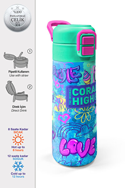 Coral High Kids Lavanta Su Yeşili Grafiti Desenli Pipetli ve Direkt İçim Çeli...
