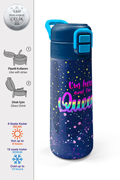 Coral High Kids Multicolored Navy Blue Patterned Steel Thermos with Straw and...