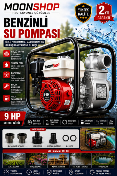 MOONSHOP Alman 9 Hp Turbo Benzinli Su Motoru Motopomp 3 Parmak Yakıt Cimrisi ...