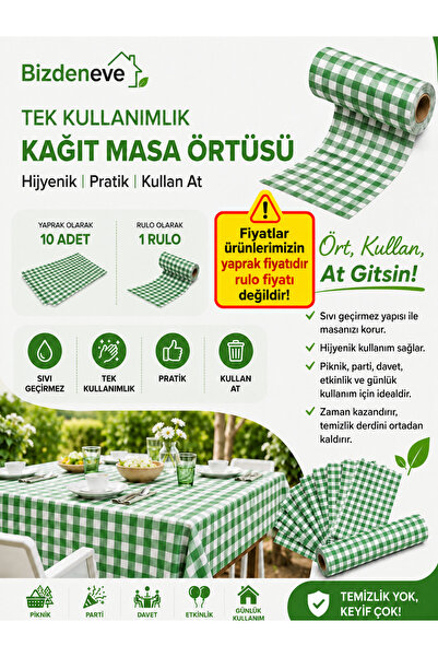 Regron Tek Kullanımlık Kağıt (1 ADET) Masa Örtüsü 100x120 cm Yeşil Kareli Des...