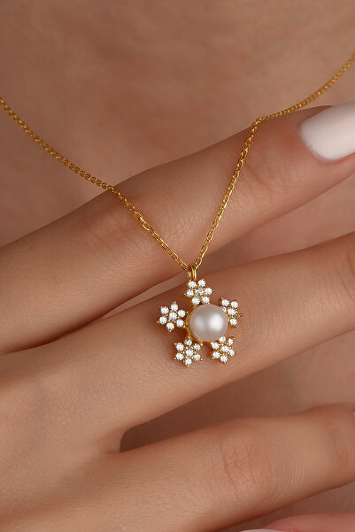 Nox Jewelry 14 Ayar Altın Kaplama İnci ve Zirkon Taşlı Papatya Gümüş Kolye - ...