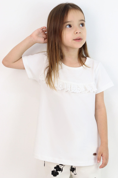 Breeze Girl's Short Sleeve T-Shirt with Guipure Embroidery Detail and Emblem,...