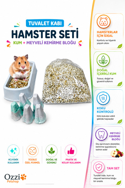 ozzipetshop Suriye Hamster Tuvalet Kabı Kum Meyveli Kemirme Taşı Seti
