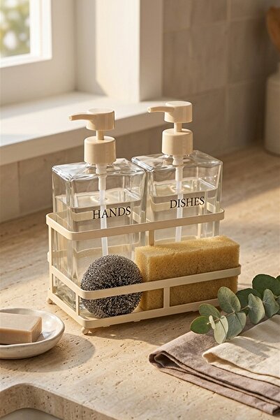 MAKRİ HOME Cream Metal Stand Pole Double Glass Liquid Soap Dispenser Set – 2 ...