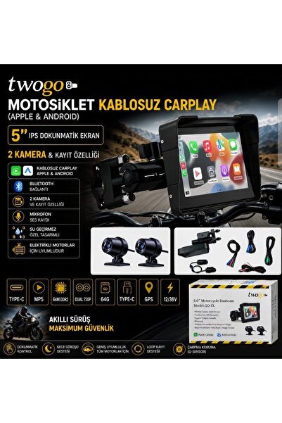 Twogo GO-IX 5'' Dokunmatik Waterproof BT Android Auto Carplay Çiftli Motorsik...