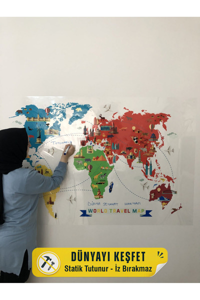Tutunabilir Kağıt خريطة العالم للسفر مع خاصية الالتصاق الثابت - خريطة السفر و...