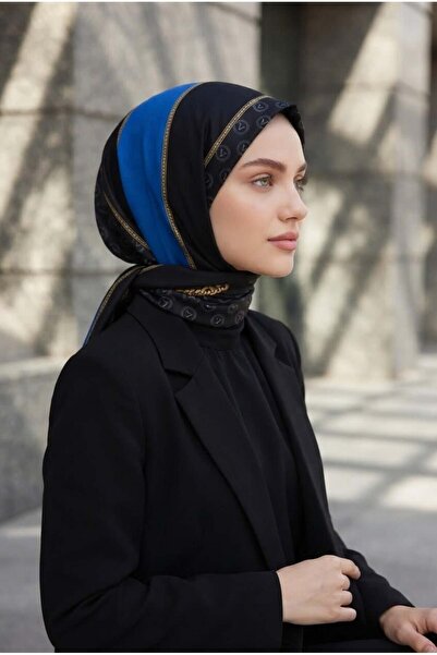 Vissona %100 Saf İpek Şal İnce Saten Vual Dokuma Geometrik Desenli Saks - Siy...