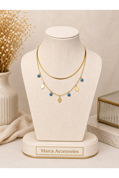 Marca Accessories Nazar Boncuklu & Fatma Eli Figürlü Çift Sıra Gold Kolye