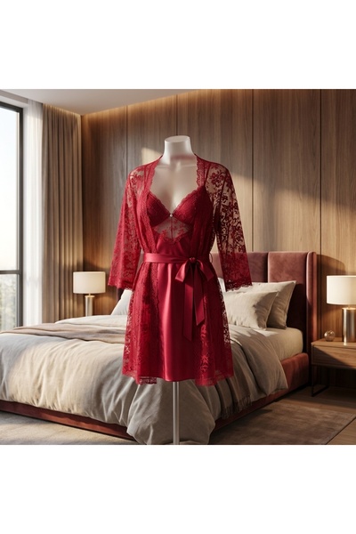 Lady Lingerie طقم قميص نوم نسائي من الدانتيل مكون من قطعتين - فستان ساتان مع ...