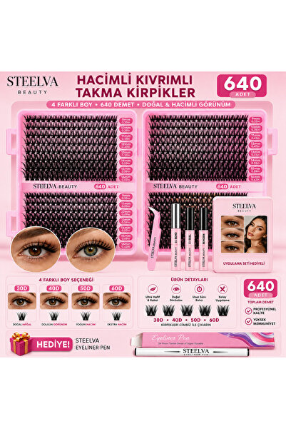 STEELVA 640 Kök Hazır Demet Lifting Etkili Rus Volüm Evde Takma Kirpik Seti-E...