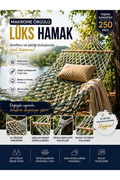 ASG Makrome Örgülü Çift Kişilik Lüks Hamak – 250 KG Taşıma Kapasiteli Extra S...