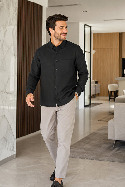 Varetta Men's Black Classic Cut Patterned Long Sleeve Shirt with Pockets
