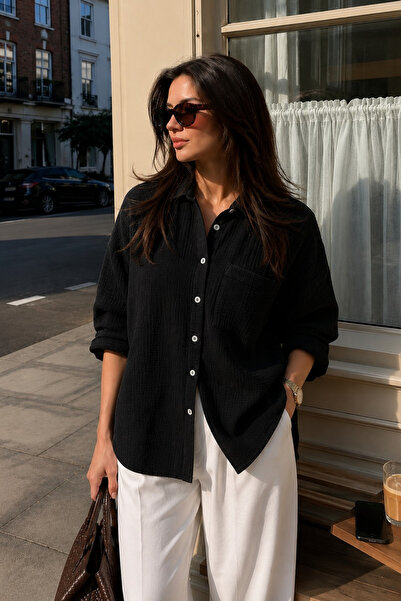 Seeh Black Long Sleeve Muslin Shirt with Pockets Sh158