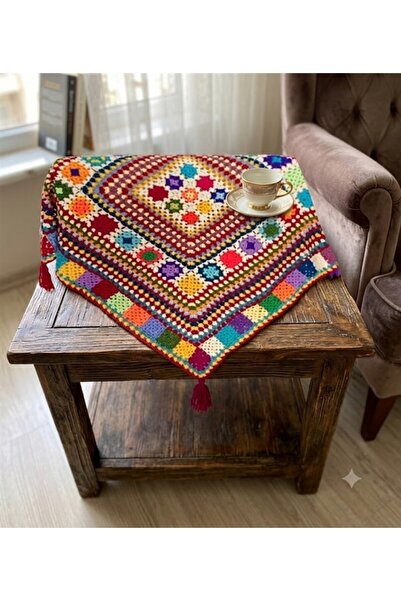 eL&Ma Design El Örgüsü Etnik Otantik Püsküllü Çok Amaçlı Örtü (75 Cm x 75 Cm)