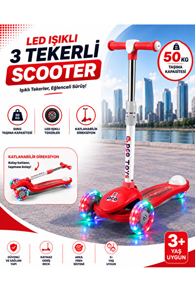 POZART GTpro Çocuk Scooter Katlanabilir 3+Yaş 3Tekerli Led Işıklı 50Kğ Kapasite