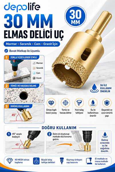 Depolife Mermer Seramik Cam Granit Delmek için 30mm Panç Delici Elmas uçlu Bu...