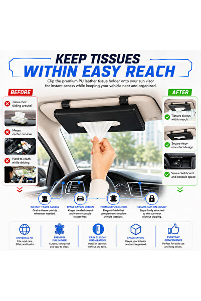 Alayjah 2 x Car Sun Visor Tissue Holder – PU Leather Clip-On Napkin Box for SUV, Sedan, Truck, and Van