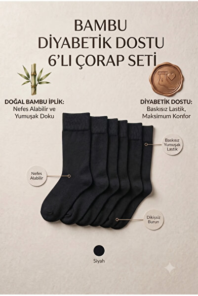 vtex socks 6'lı Dikişsiz Kadın Diyabetik Bambu Şeker Çorap Siyah Renk Diabeti...
