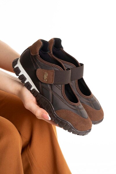 SEFERİ Women's Brown Colored Comfortable Sole Velcro Ballerina Casual Sports ...