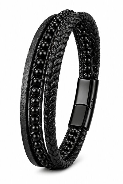 İyyaKee Men's Onyx Stone Leather Bracelet Multi-Layered Black Weave Design St...