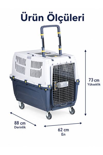 FERAH PLASTİK Büyük Boy Köpek Taşıma Kafesi Tekerlekli Çekçekli Metal Kapaklı Pet Seyahat Box 62x73x88 cm