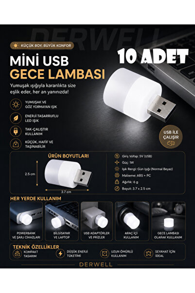 Derwell Taşınabilir Mini USB Led Gece Lambası Tak Çalıştır 1W Sıcak Beyaz Işı...