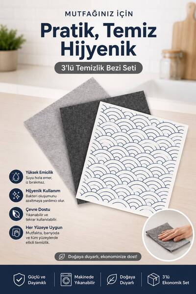 mycleanvibe 3 Adet Renkli %100 Doğal Selülöz Mikrofiber Temizlik El Bezi