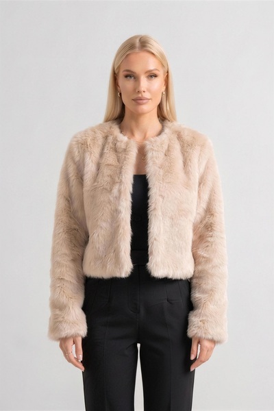 Elegance Scarf Jachetă din blană Lolita importată premium, fără guler, bej