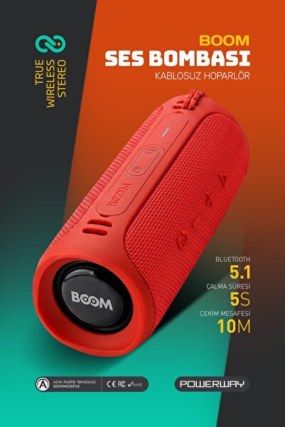 POWERWAY Boom Kırmızı Taşınabilir Ses Bombası Kablosuz Bluetooth Hoparlör Spe...