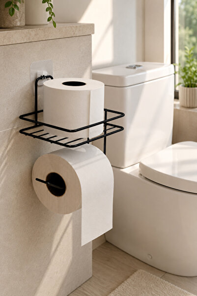 farklı evim Yapışkanlı Yedekli Tuvalet Kağıtlığı Mat Siyah Metal WC Kağıtlık ...