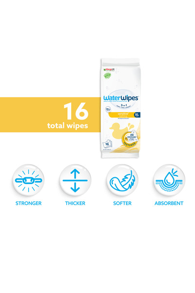 WaterWipes Sensitive+ Bathing Wipes, 16 Count (1 Pack), 3-In-1 Cleans, Cares, Protects, 99.9% Water, Unscented & Hypoallergenic