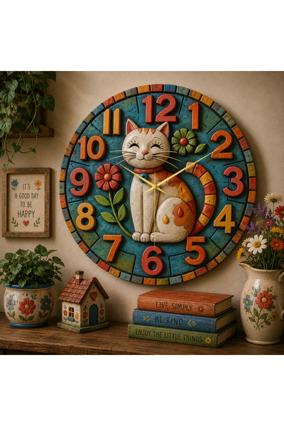 AA Shop Kedi Çiçek Renkli Baskı Desenli Sayılı Yılbaşı Hediyelik Ahşap Sessiz...