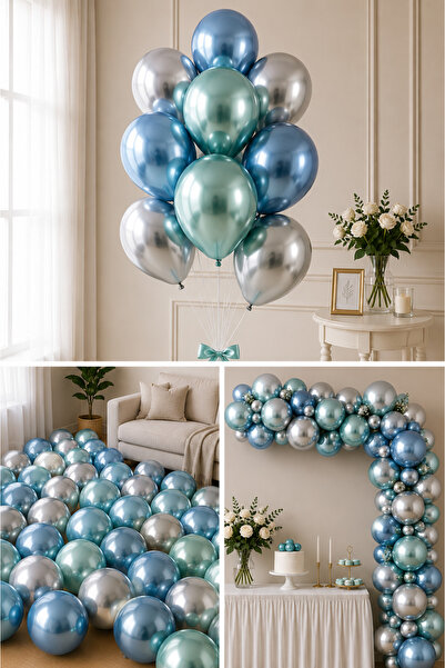 Parti dolabı Krom Parlak Metalik Yeşil-Mavi-Gümüş Renk 5'Li Balon ( 3'Lü Renk...