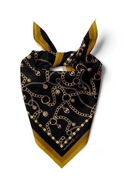 Modabutik Violla H13 Kadın Siyah Sarı Zincir Desenli 50x50 Bandana