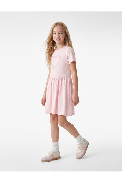 Koton Heart Detailed Short Sleeve Crew Neck Cotton Dress