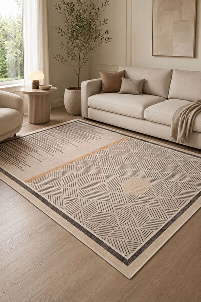 Serente Home Modern Desenli Yıkanabilir Kaymaz Taban Bej Kahverengi Şönil Sal...