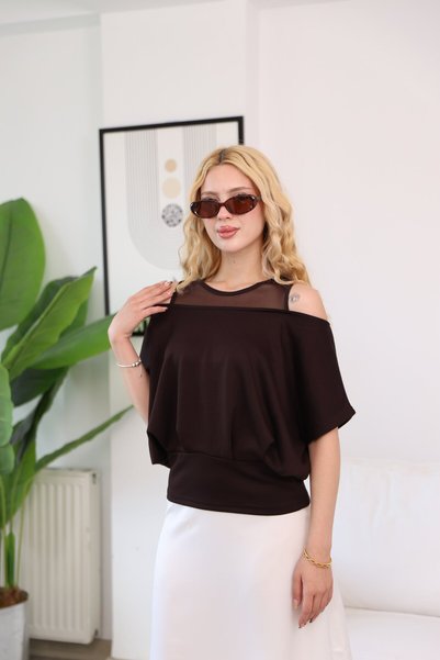 sahraozluk Tulle Detailed Off-Shoulder T-Shirt in Brown Color