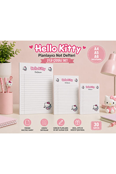 Srctech Hello Kity Planlayıcı Not Defteri A4/a5/a6 Boyutunda 3'lü Çizgili Set
