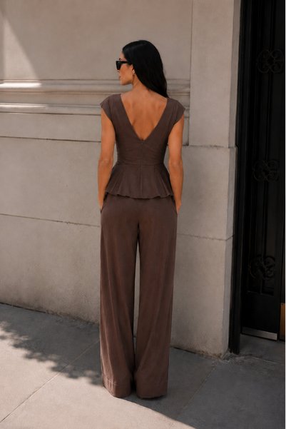 DI LORIA Women's Chocolate Brown Asymmetrical Blouse with Volan Detail and Wide Leg Pants 2-Piece Set