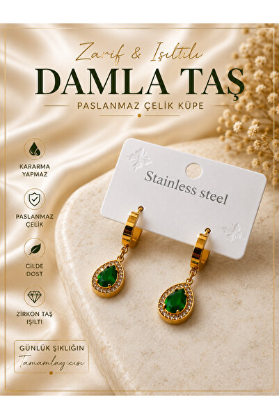 karmabijuteriaksesuar Damla Model Emerald Stone Steel Vip Earrings