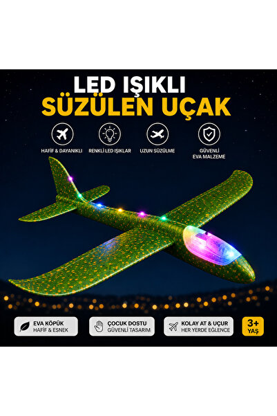 E-Deniz Ticaret Elden Fırlatma Yeşil Boydan Ledli Köpük Uçak