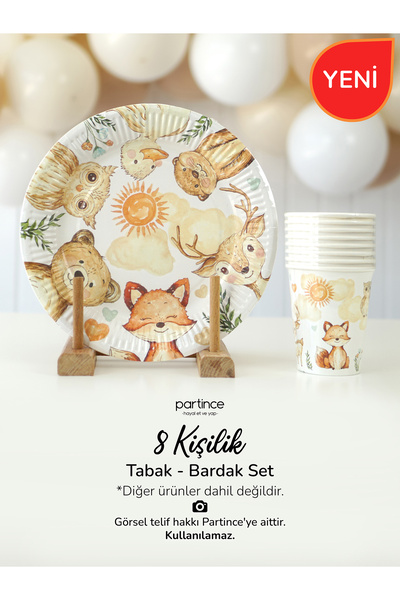 partince 8 Kişilik Orman Hayvanları Tema Tabak Bardak Set Kullan At Karton Ta...