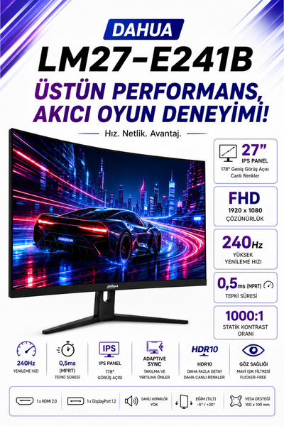 DAHUA DHI-LM27-E241B IPS 27 inç 240 Hz 1920 (H) × 1080 (V) Çözünürlük 0,5 MS ...